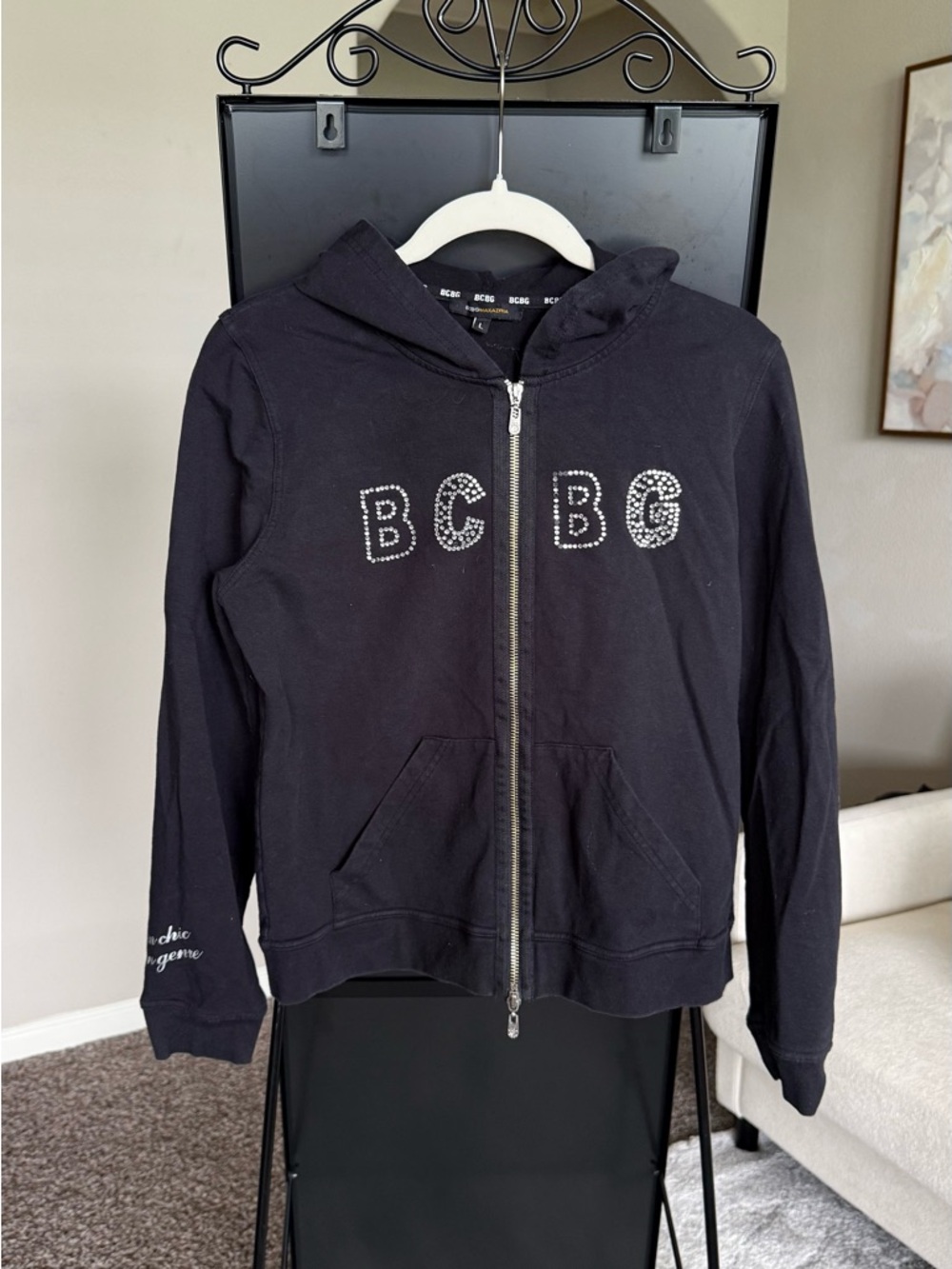 BCBGMaxAzria Black Rhinestone Logo Zip Hoodie